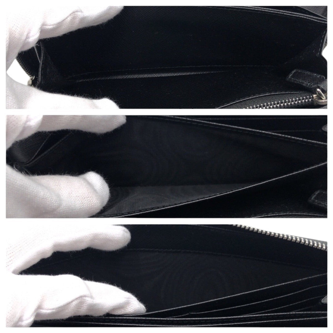 PRADA Long Wallet Purse leather Black SilverMetal Long Wallet Purse Zip Around Unisex Safiano mens Used Authentic