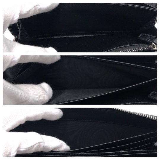 PRADA Long Wallet Purse leather Black SilverMetal Long Wallet Purse Zip Around Unisex Safiano mens Used Authentic