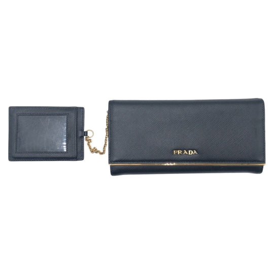 PRADA Long Wallet Purse leather Black Gold Metal Long Wallet Purse Safiano Women Used Authentic