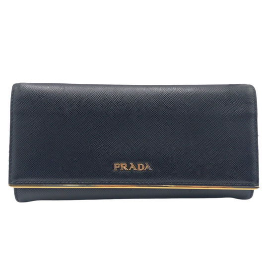 PRADA Long Wallet Purse leather Black Gold Metal Long Wallet Purse Safiano Women Used Authentic