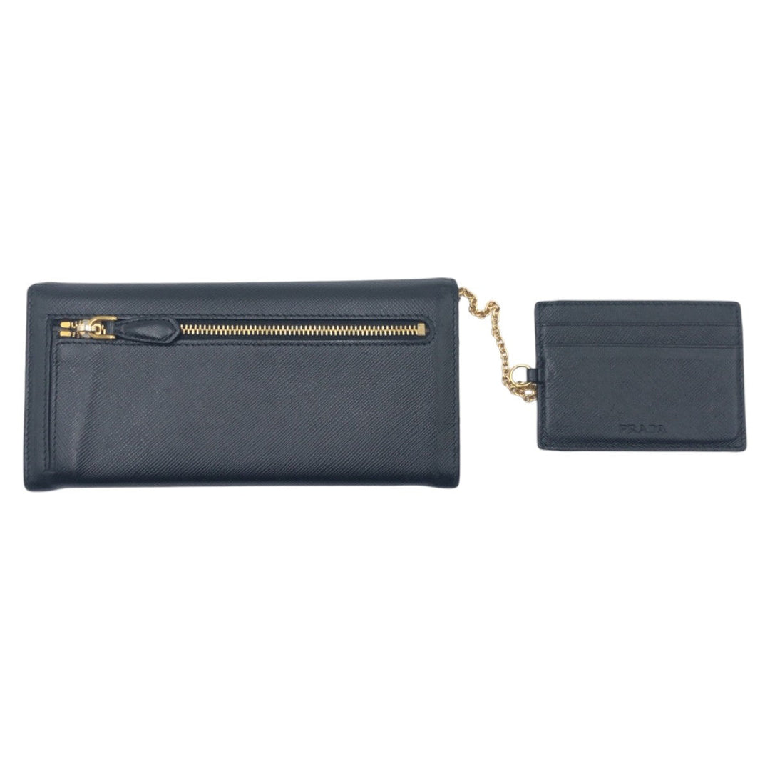 PRADA Long Wallet Purse leather Black Gold Metal Long Wallet Purse Safiano Women Used Authentic