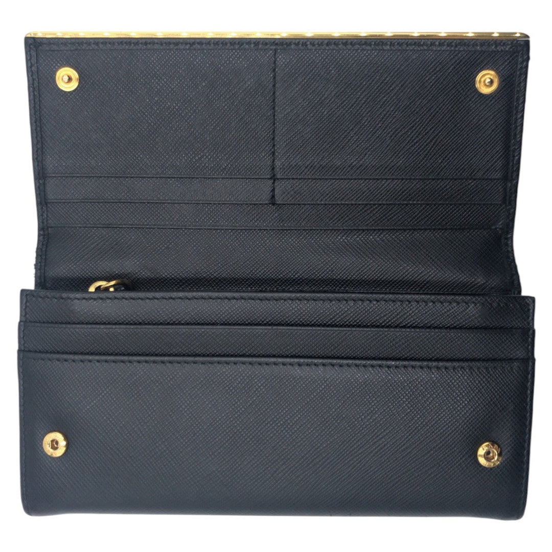 PRADA Long Wallet Purse leather Black Gold Metal Long Wallet Purse Safiano Women Used Authentic