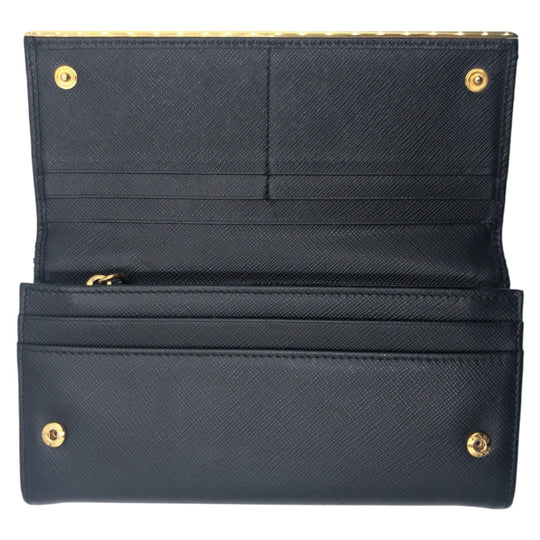 PRADA Long Wallet Purse leather Black Gold Metal Long Wallet Purse Safiano Women Used Authentic
