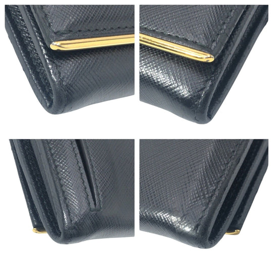 PRADA Long Wallet Purse leather Black Gold Metal Long Wallet Purse Safiano Women Used Authentic