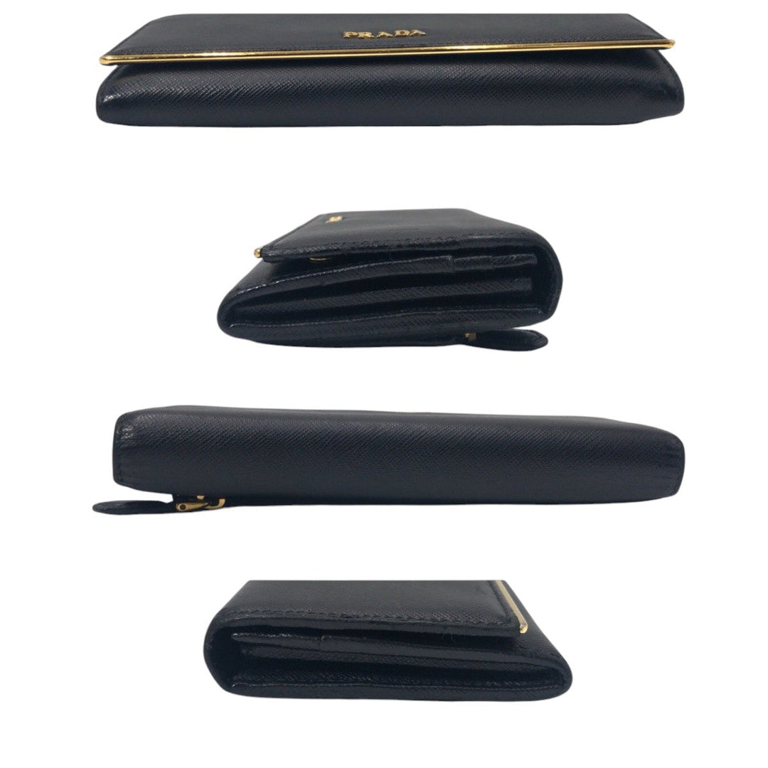 PRADA Long Wallet Purse leather Black Gold Metal Long Wallet Purse Safiano Women Used Authentic