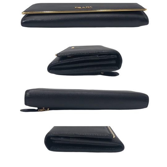 PRADA Long Wallet Purse leather Black Gold Metal Long Wallet Purse Safiano Women Used Authentic