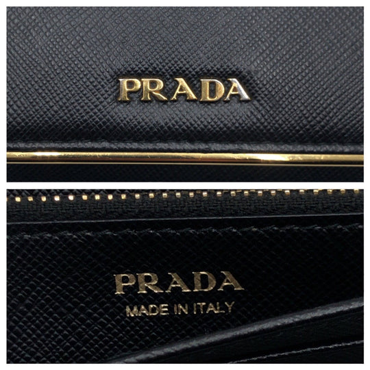 PRADA Long Wallet Purse leather Black Gold Metal Long Wallet Purse Safiano Women Used Authentic