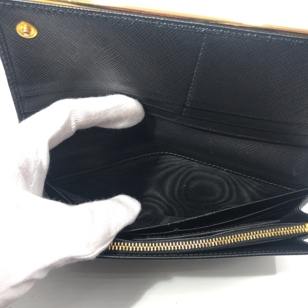 PRADA Long Wallet Purse leather Black Gold Metal Long Wallet Purse Safiano Women Used Authentic