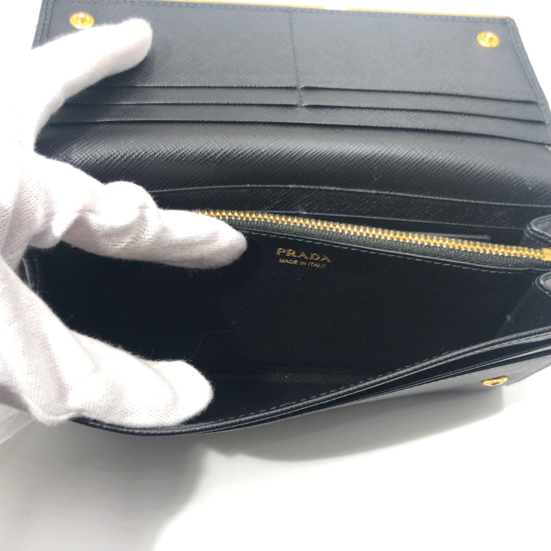 PRADA Long Wallet Purse leather Black Gold Metal Long Wallet Purse Safiano Women Used Authentic
