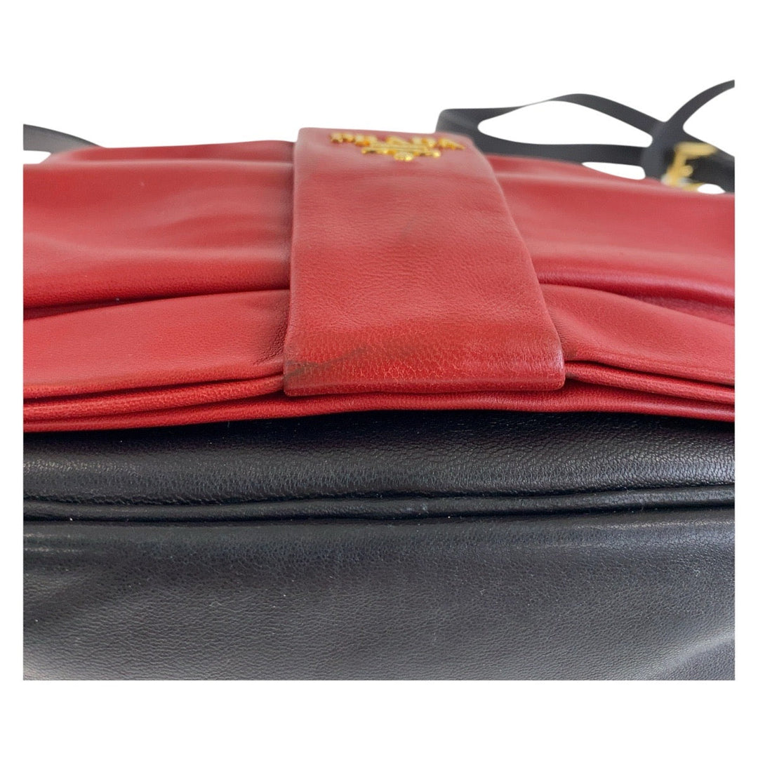 PRADA Shoulder Bag leather Red Black Gold Metal Shoulder Bag pochette ribbon Women Used Authentic