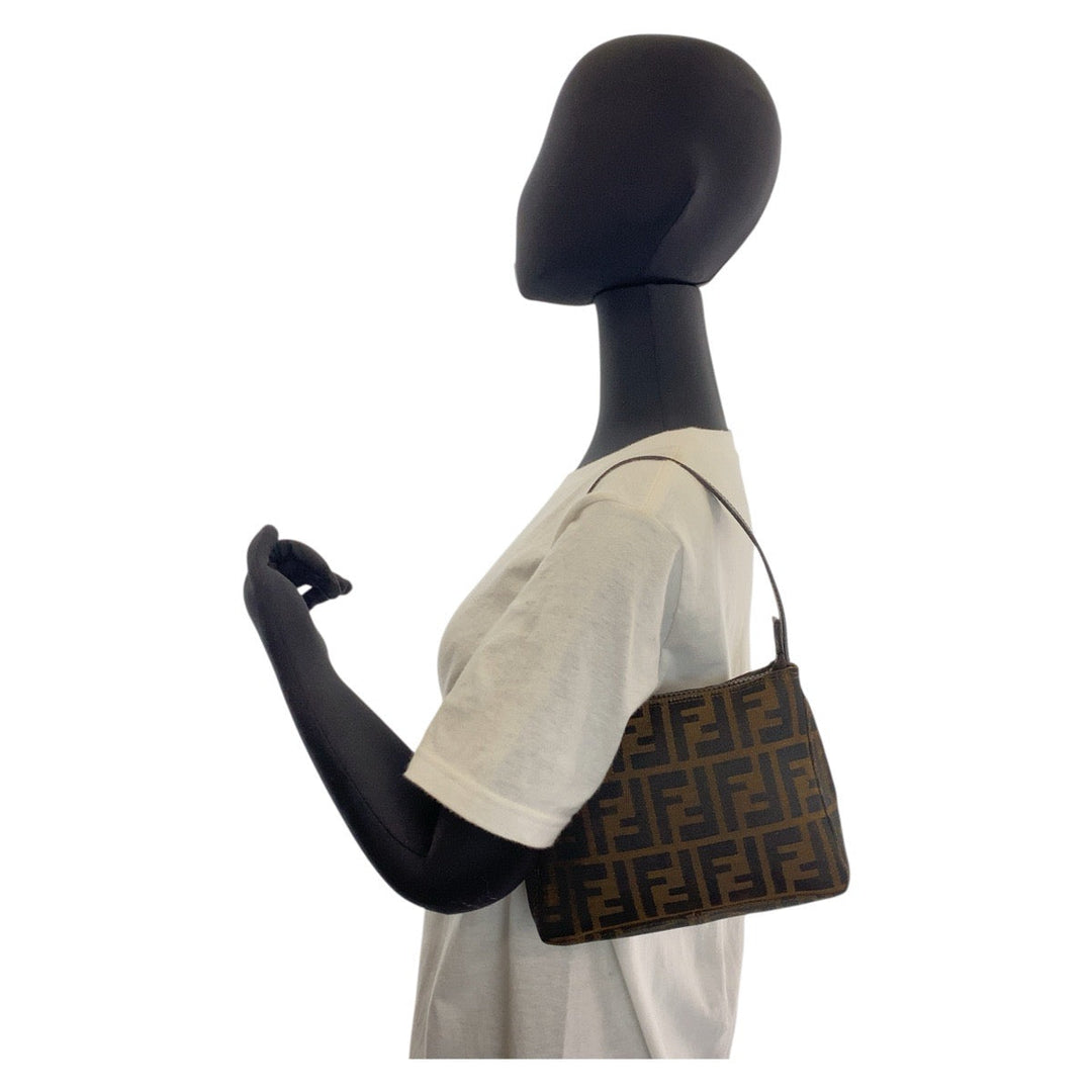 FENDI Shoulder Bag Canvas, Leather Brown Silver Metal Shoulder Bag accessory pouch Zucca Women Used Authentic