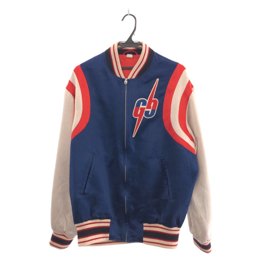 GUCCI Stajan 575315 ZABZR Acetate , Rayon , Polyester Navy White Red SilverMetal Stadium jumper GG mens 44 Used Authentic