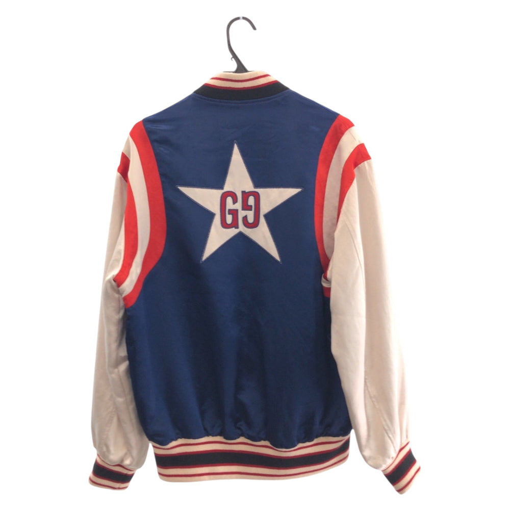 GUCCI Stajan 575315 ZABZR Acetate , Rayon , Polyester Navy White Red SilverMetal Stadium jumper GG mens 44 Used Authentic