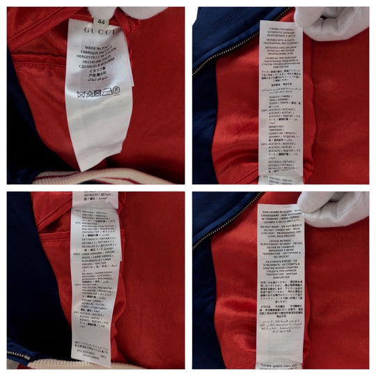 GUCCI Stajan 575315 ZABZR Acetate , Rayon , Polyester Navy White Red SilverMetal Stadium jumper GG mens 44 Used Authentic