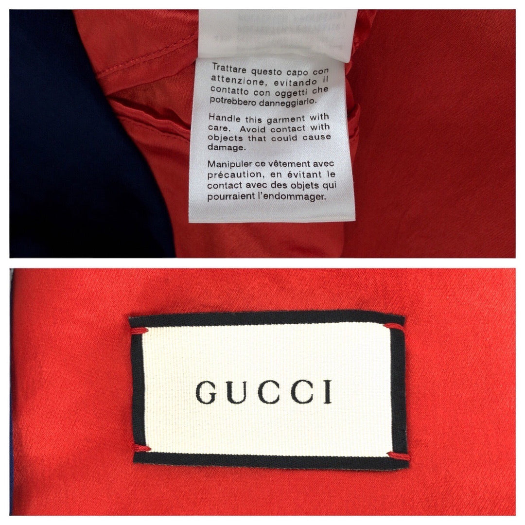 GUCCI Stajan 575315 ZABZR Acetate , Rayon , Polyester Navy White Red SilverMetal Stadium jumper GG mens 44 Used Authentic