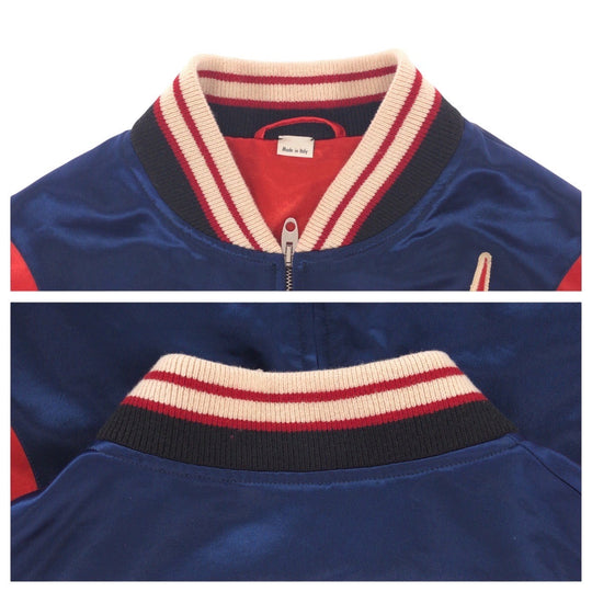 GUCCI Stajan 575315 ZABZR Acetate , Rayon , Polyester Navy White Red SilverMetal Stadium jumper GG mens 44 Used Authentic