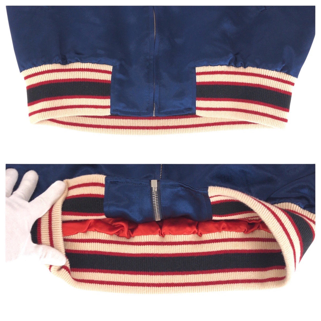 GUCCI Stajan 575315 ZABZR Acetate , Rayon , Polyester Navy White Red SilverMetal Stadium jumper GG mens 44 Used Authentic