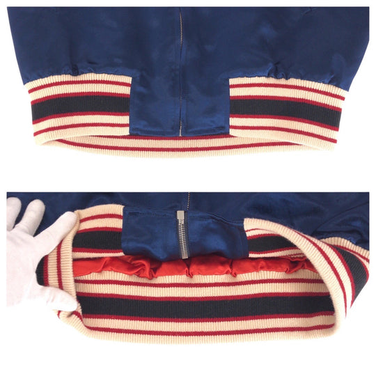 GUCCI Stajan 575315 ZABZR Acetate , Rayon , Polyester Navy White Red SilverMetal Stadium jumper GG mens 44 Used Authentic