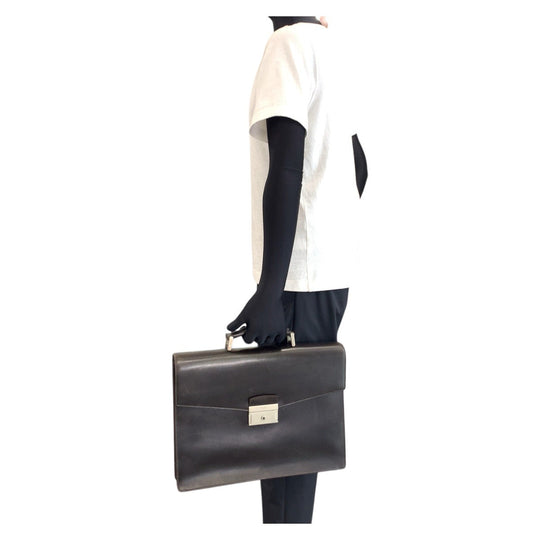 PRADA Business bag leather Brown Silver Metal Business bag briefcase mens Used Authentic