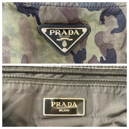 PRADA Tote Bag Nylon Khaki Camouflage SilverMetal Tote Bag Shoulder Bag Eco Bag Unisex Test Triangle With logo Women Used Authentic