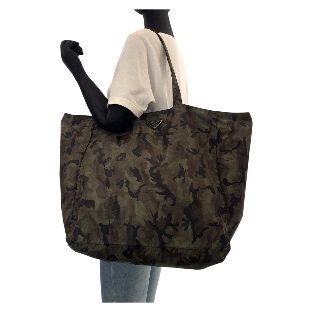 PRADA Tote Bag Nylon Khaki Camouflage SilverMetal Tote Bag Shoulder Bag Eco Bag Unisex Test Triangle With logo Women Used Authentic
