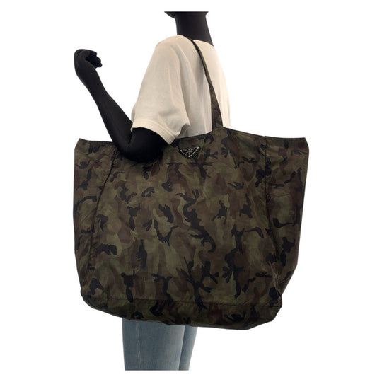 PRADA Tote Bag Nylon Khaki Camouflage SilverMetal Tote Bag Shoulder Bag Eco Bag Unisex Test Triangle With logo Women Used Authentic