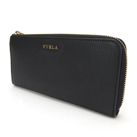Furla Long Wallet Purse leather black Women Used Authentic