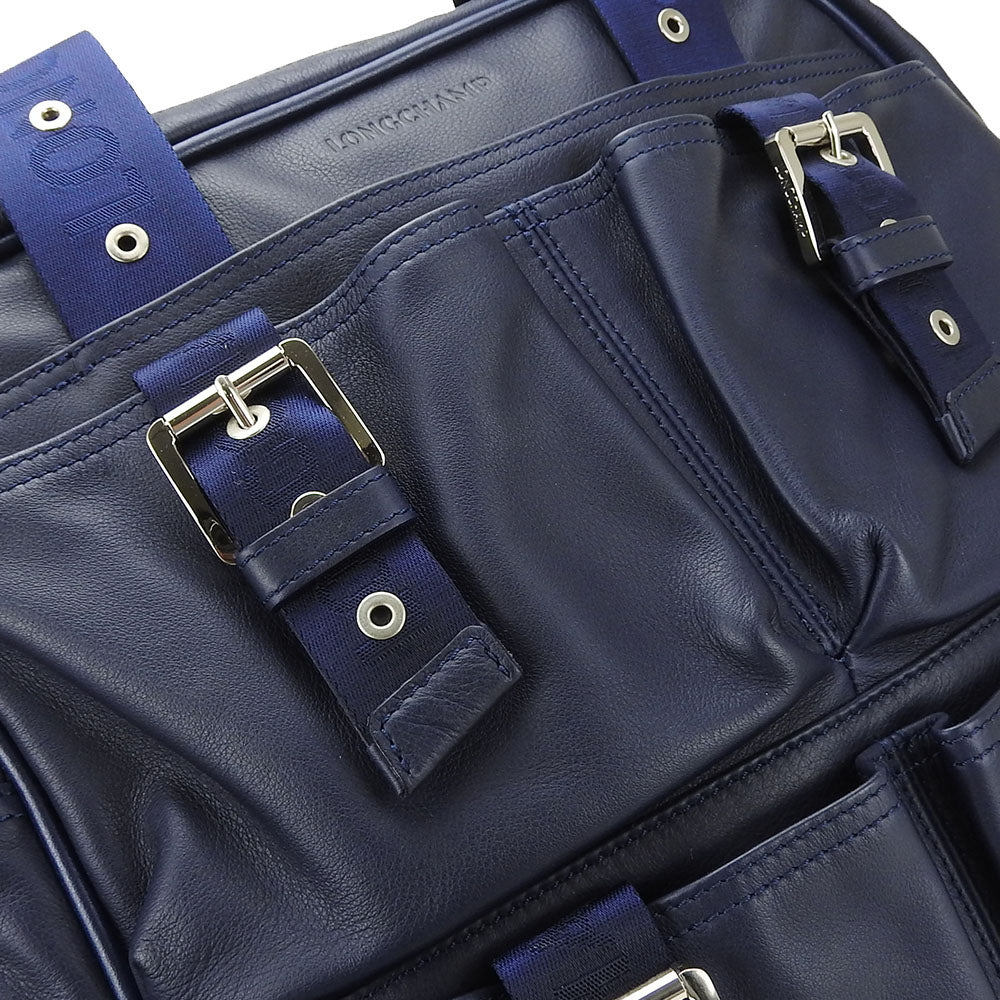 Longchamp Tote Bag leather Navy Women Used Authentic