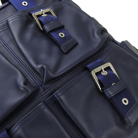 Longchamp Tote Bag leather Navy Women Used Authentic