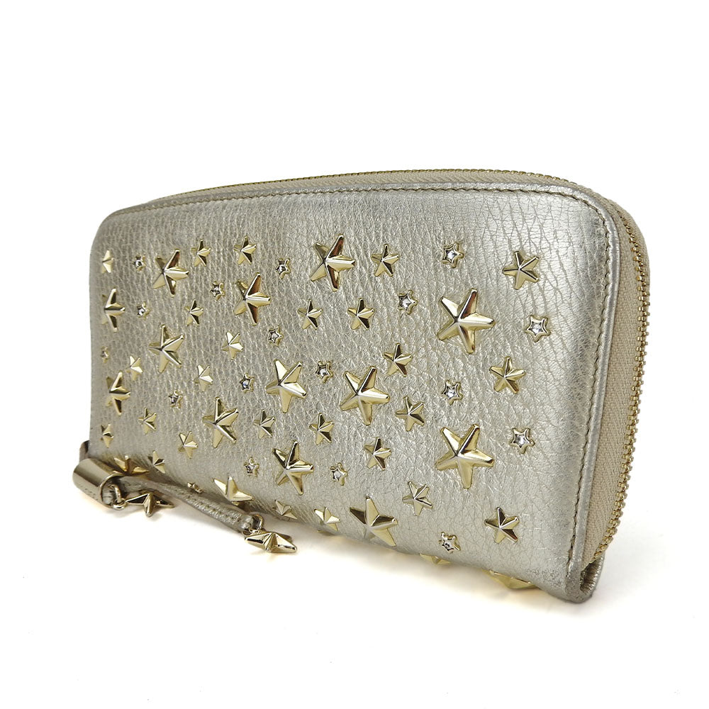 JIMMY CHOO Long Wallet Purse leather Champagne Gold Women Used Authentic