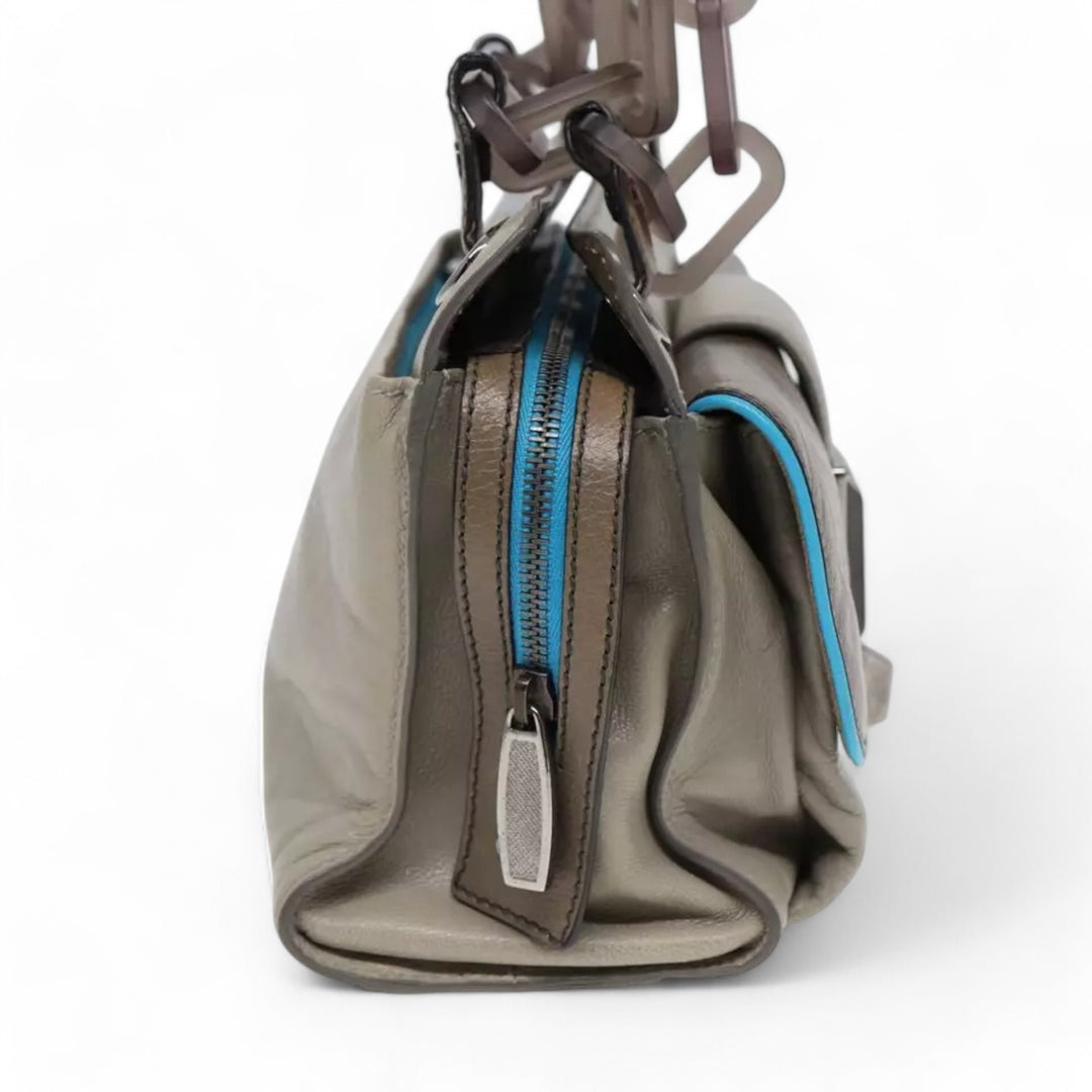 Balenciaga Turn Lock Chain Shoulder Bag Leather Beige Gray Silver