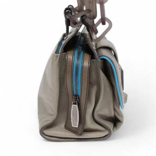 Balenciaga Turn Lock Chain Shoulder Bag Leather Beige Gray Silver