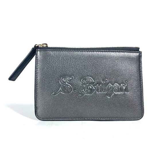 BVLGARI Coin case leather Silver S.bvlgari logo mens(Unisex) Used Authentic
