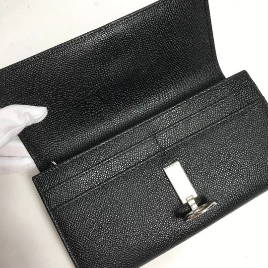 BVLGARI Long Wallet Purse leather black Long wallet Logo clip