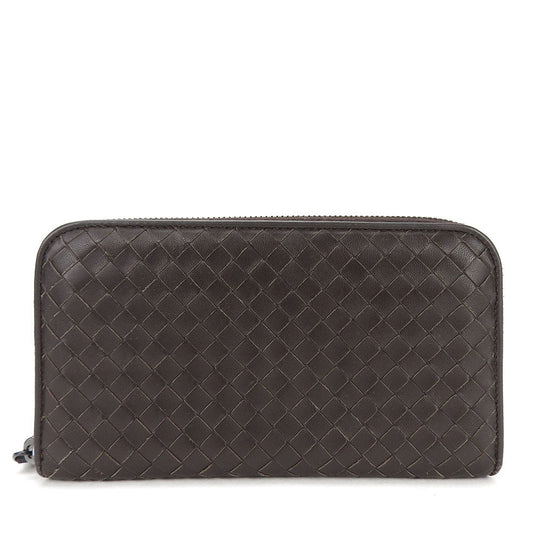 BOTTEGAVENETA Long Wallet Purse leather Dark brown INTRECCIATO Zip Around Women Used Authentic