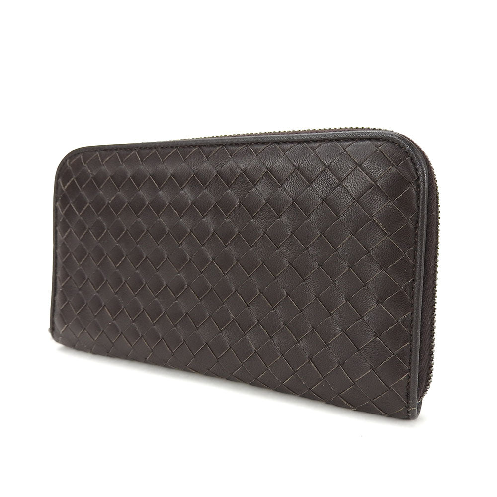 BOTTEGAVENETA Long Wallet Purse leather Dark brown INTRECCIATO Zip Around Women Used Authentic