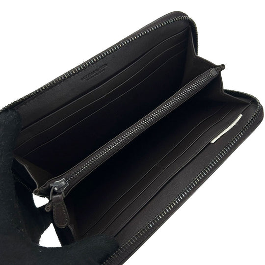 BOTTEGAVENETA Long Wallet Purse leather Dark brown INTRECCIATO Zip Around Women Used Authentic