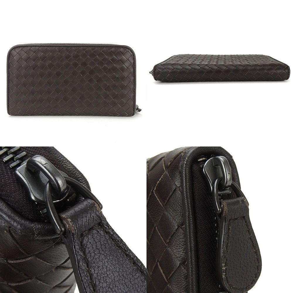 BOTTEGAVENETA Long Wallet Purse leather Dark brown INTRECCIATO Zip Around Women Used Authentic