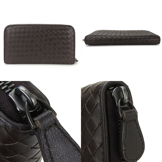 BOTTEGAVENETA Long Wallet Purse leather Dark brown INTRECCIATO Zip Around Women Used Authentic