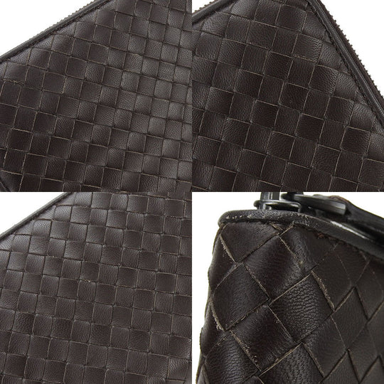 BOTTEGAVENETA Long Wallet Purse leather Dark brown INTRECCIATO Zip Around Women Used Authentic