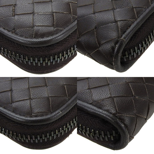 BOTTEGAVENETA Long Wallet Purse leather Dark brown INTRECCIATO Zip Around Women Used Authentic