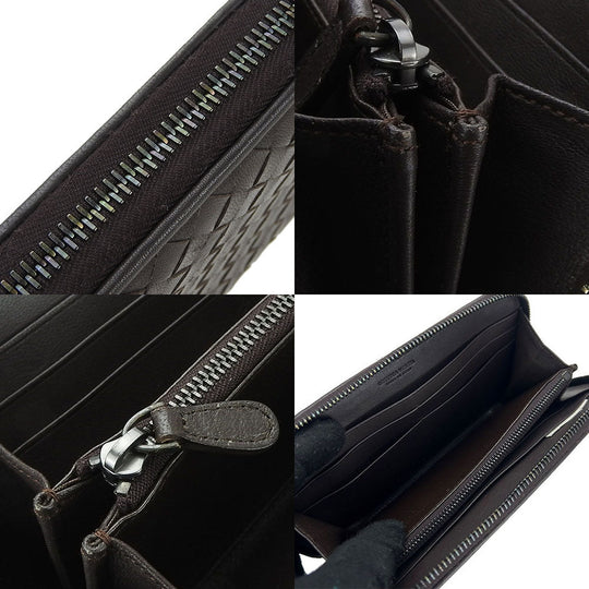 BOTTEGAVENETA Long Wallet Purse leather Dark brown INTRECCIATO Zip Around Women Used Authentic