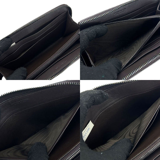 BOTTEGAVENETA Long Wallet Purse leather Dark brown INTRECCIATO Zip Around Women Used Authentic