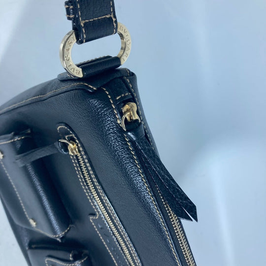 BVLGARI Shoulder Bag leather black logo Women Used Authentic