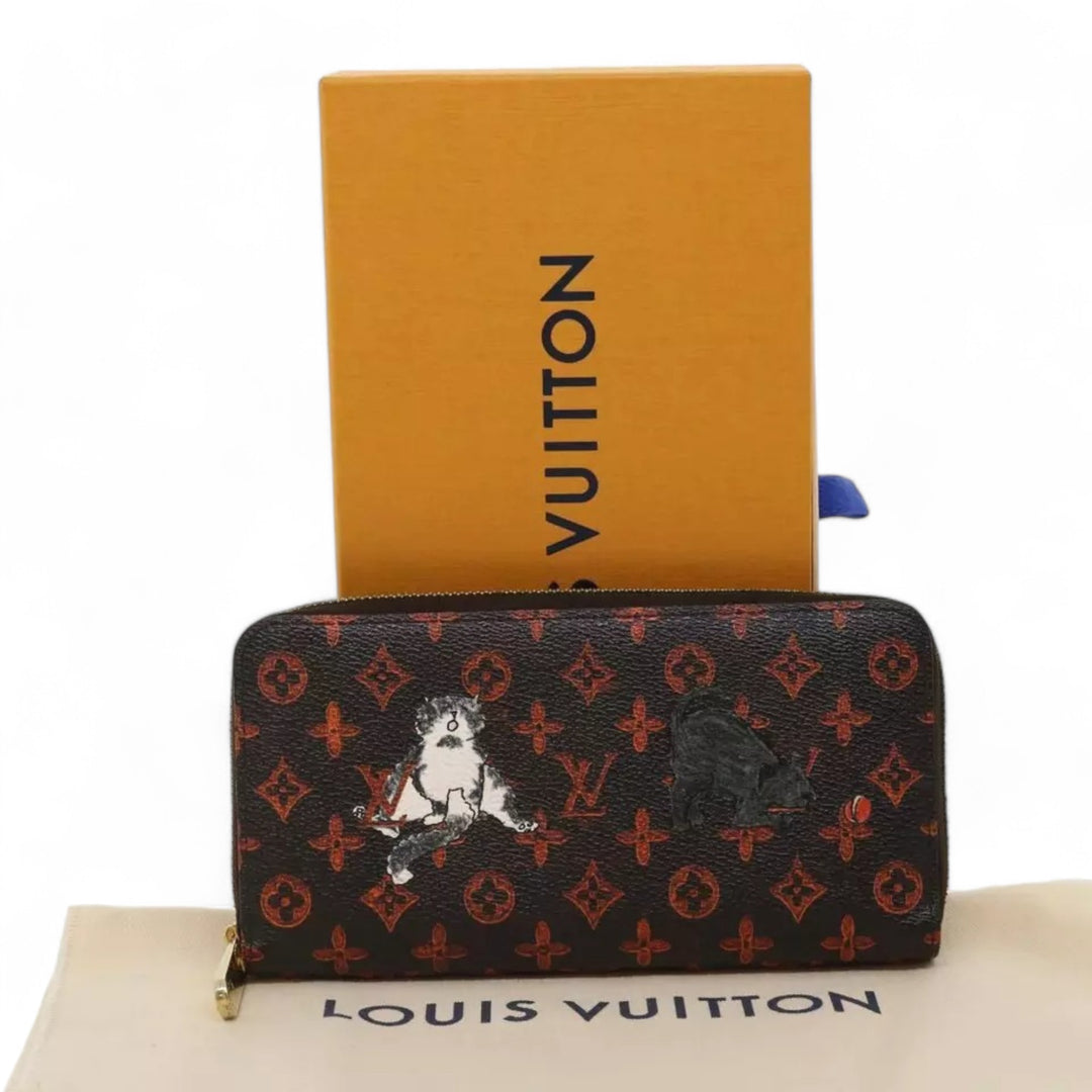 Louis Vuitton Monogram Canvas Zippy Wallet Cat Design Black Long Wallet Unisex