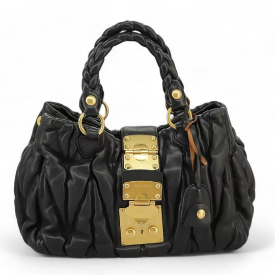 Miu Miu Matelasse Handbag Leather Black Gold 2way