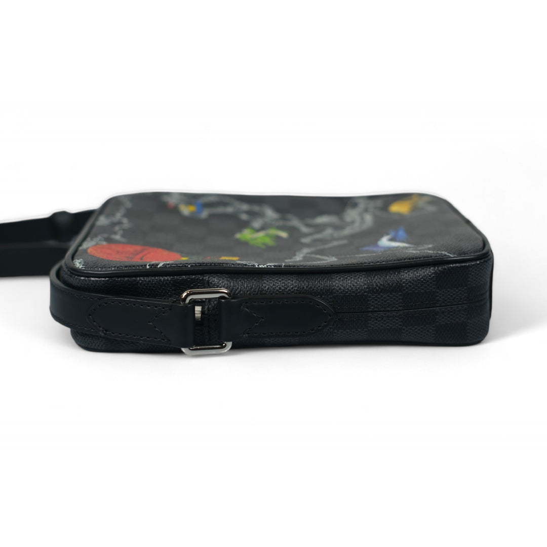Louis Vuitton Damier Graphite Renaissance Map Danube Slim PM Crossbody Bag Black Multicolor Men's Shoulder Bag