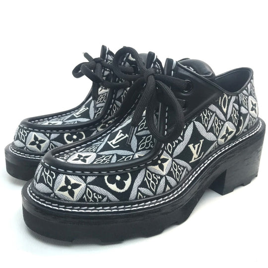 LOUIS VUITTON boots 1A8D3E Jacquard, Leather black LV Bobur Line Derby Chunky heel Women 37 Used Authentic
