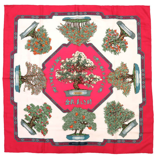 HERMES scarf silk Red Carre90 Bonsai Beautiful Town Women Used Authentic