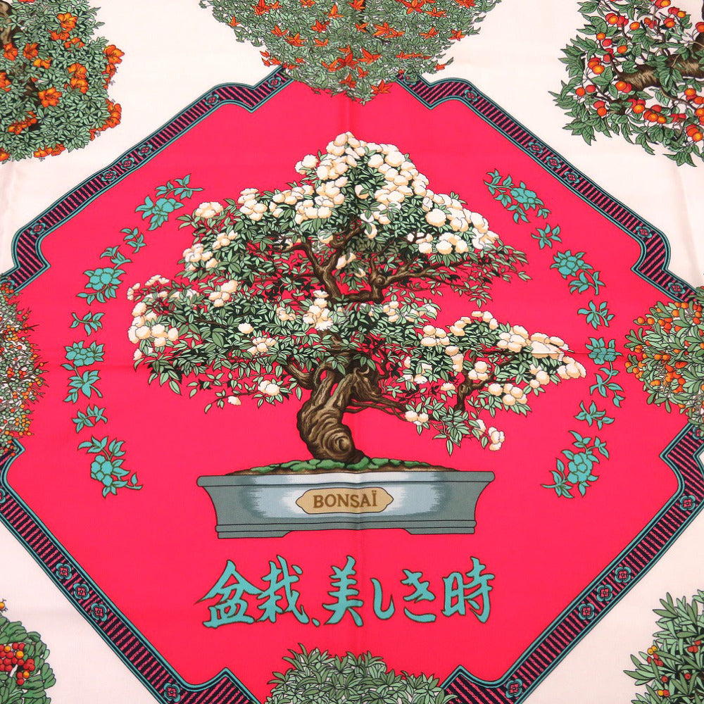 HERMES scarf silk Red Carre90 Bonsai Beautiful Town Women Used Authentic